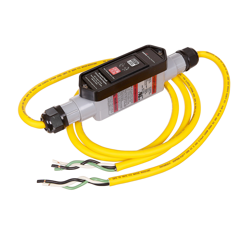 Eaton portable GFCI, Watertight, field wireable, 20A, #12 AWG, 6' (1.83m) cord length, Polycarbonate, Flying leads plug type, Manual reset, 240V, 4X{NR9} 670022