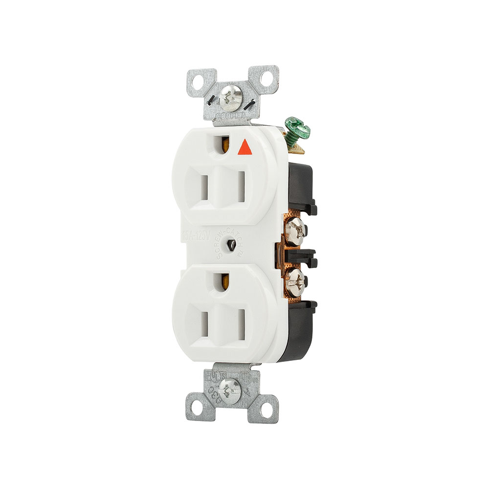 Eaton Arrow Hart heavy-duty industrial specification grade duplex receptacle,#14-10 AWG,15A,Industrial,Flush,125V,Back and side,White,Brass,High-impact nylon face,Glass-filled nylon base,5-15R,Duplex,Screw,Glass-filled nylon,.