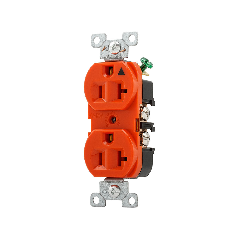 Eaton Arrow Hart heavy-duty industrial specification grade duplex receptacle, #14-10 AWG, 20A, Industrial, Flush, 125V, Back and side, Orange, Brass, High-impact nylon face, Glass-filled nylon base, 5-20R, Duplex, Screw, Nylon
