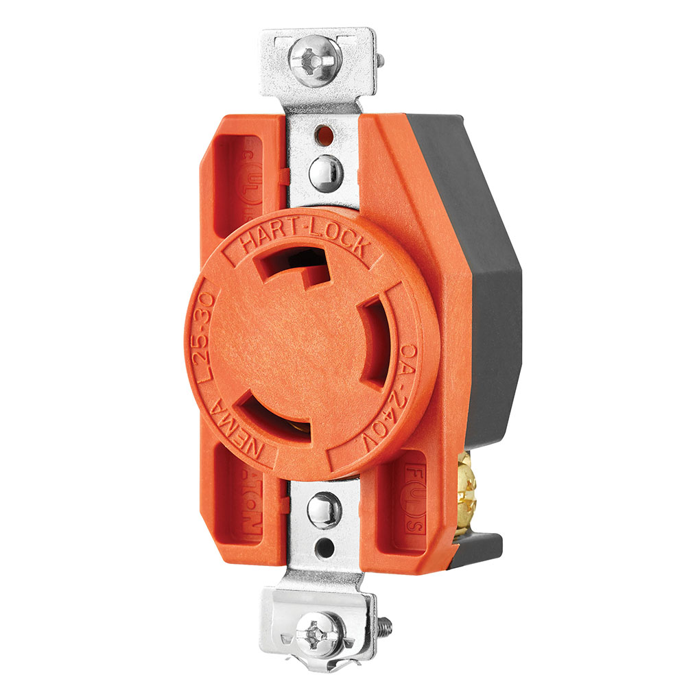 Eaton locking receptacle, #16-8 AWG, 30A, Industrial, 240V, Back wiring, Orange, Single, L25-30, Two-pole, Three-wire, Glass-filled nylon