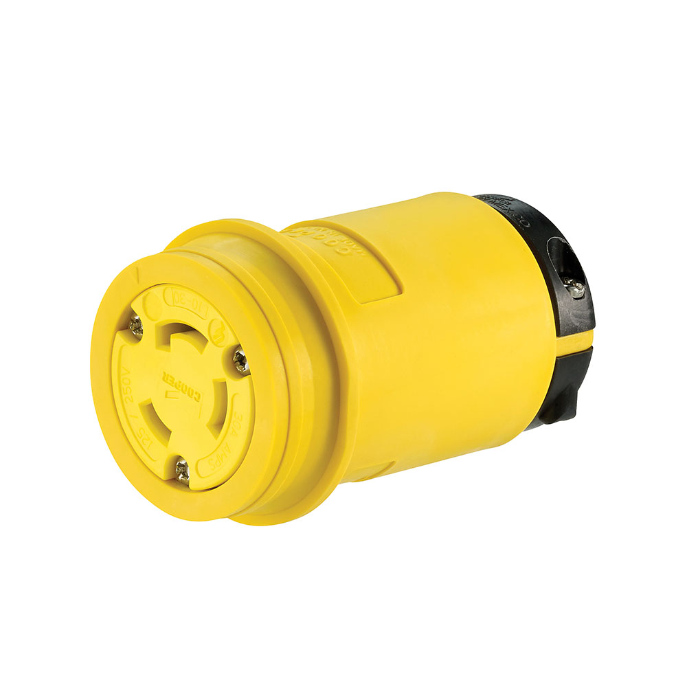 Eaton severe duty locking connector, #18-10 AWG, 30A, Industrial, 125/250V, Back wiring, Yellow, black, Severe duty, L10-30, Three-pole, Three-wire, Santoprene thermoplastic elastomeric, 0.38 to 1 in