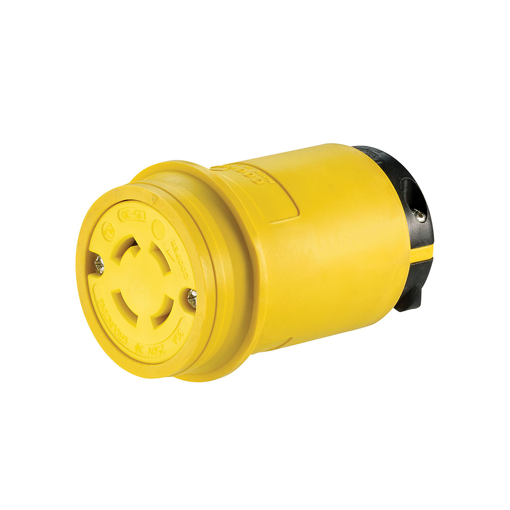 Eaton severe duty locking connector, #18-10 AWG, 30A, Industrial, 250V, Back wiring, Yellow, black, Severe duty, L15-30, Three-pole, Four-wire, Santoprene thermoplastic elastomeric, 0.63 to 1.16 in