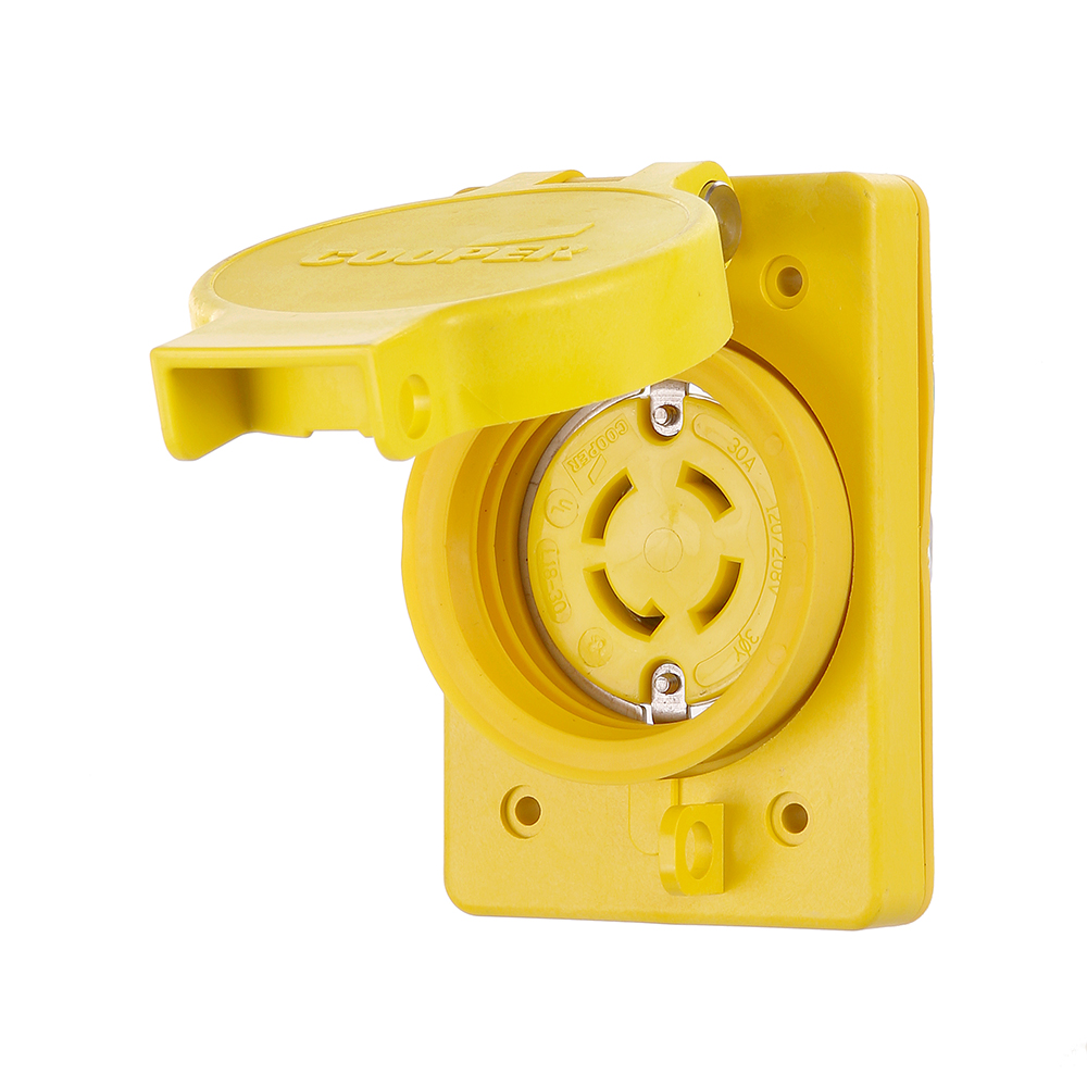Eaton Arrow Hart watertight locking receptacle, #14-8 AWG, 30A, Industrial, 120/208V, Back wiring, Yellow, Single, Watertight, L18-30, Three-pole, Four-wire, Thermoplastic