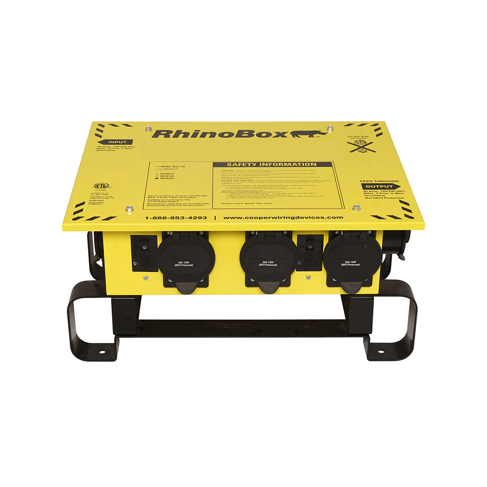 Eaton RhinoBox Econ power distribution unit, 50A, Two devices, Weatherproof, NEMA 3R, Lkg Aut, Yellow, Cold-rolled 18 gauge steel, 120/240V