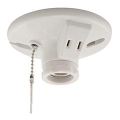 Eaton lampholder, With outlet, Pull chain, 15A, #14-10 AWG, Medium base, White, Two-piece, Thermoset, 1-15P, 250V, 660W, Top and Push wiring 282508