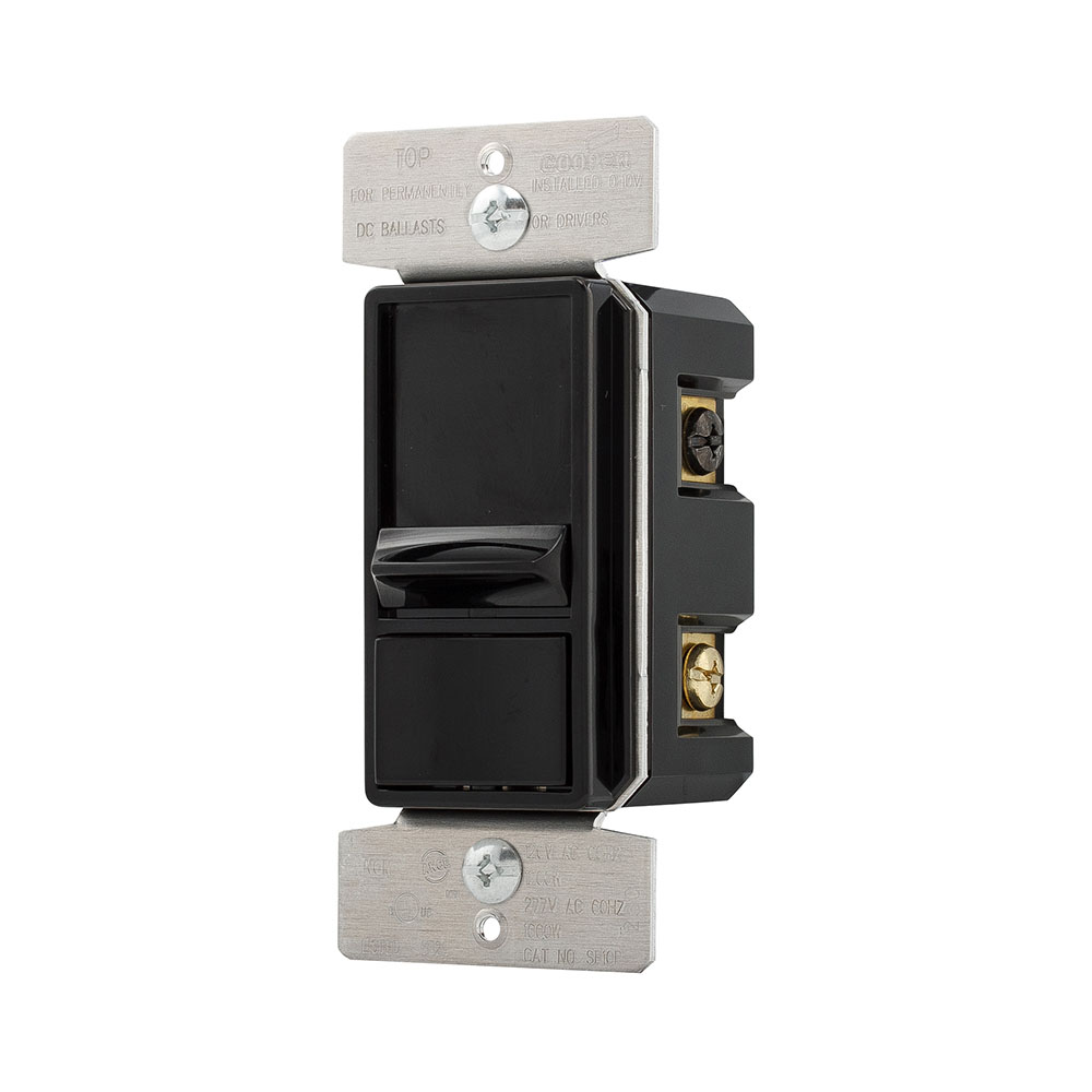 Eaton dimmer, No neutral required, #14 -12 AWG, Flush, 120/277 Vac, Back and side, Wire Leads, Maintained, Black, 60 Hz, LED, Flourescent, Single-pole, Three-way, Single-phase, Polycarbonate, 1200/1660W 736889