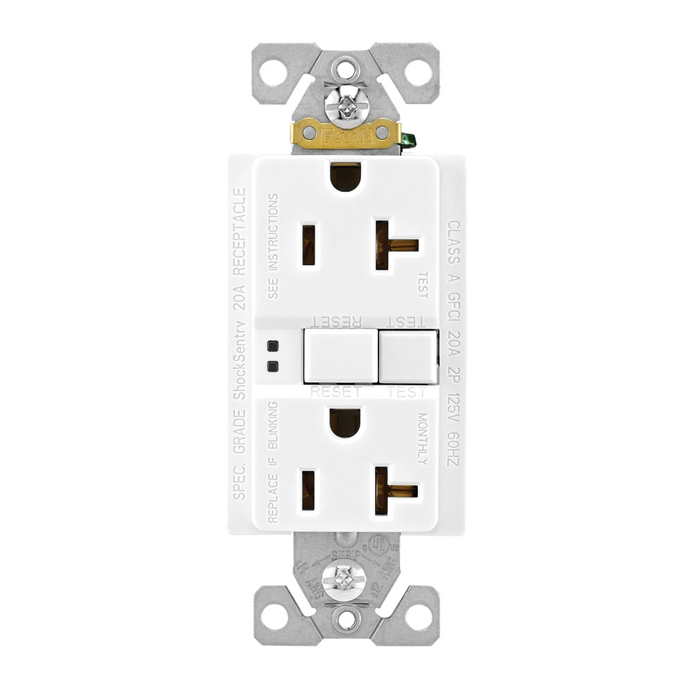 Eaton GFCI receptacle,Self-test,#14 - 10 AWG,20A,Residential,Commercial,Flush,125 V,GFCI,Back and side wire,White,Brass,Receptacle,Polycarbonate,5-20R,Two-pole, three-wire, grounding