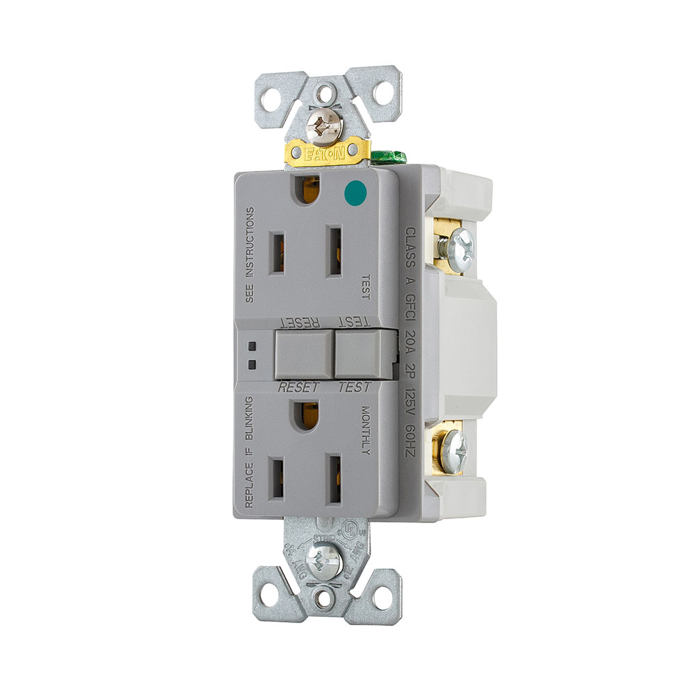 Eaton hospital grade GFCI receptacle,NAFTA compliant,Self-test,#14 - 10 AWG,15A,Residential,Commercial,Flush,125 V,GFCI,Back and side wire,Gray,Brass,Receptacle,Nylon,5-15R,Two-pole, three-wire, grounding