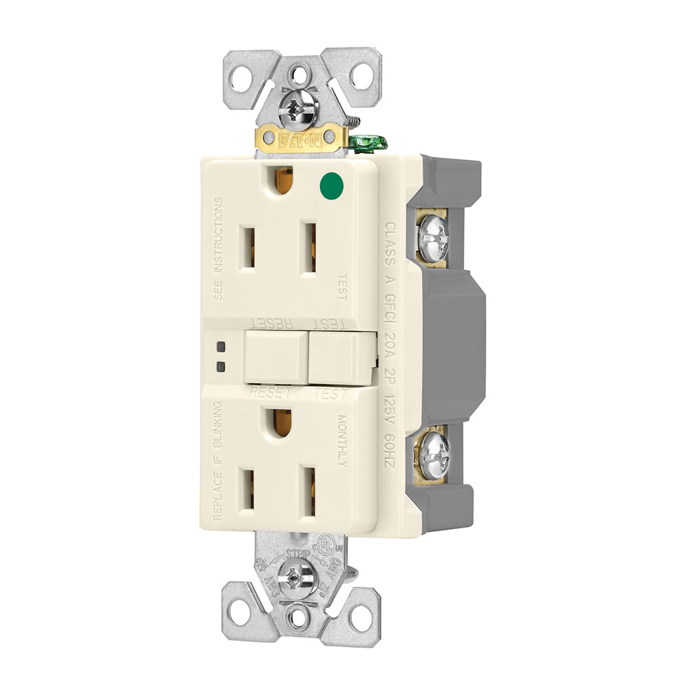 Eaton hospital grade GFCI receptacle,NAFTA compliant,Self-test,#14 - 10 AWG,15A,Residential,Commercial,Flush,125 V,GFCI,Back and side wire,Light almond,Brass,Receptacle,Nylon,5-15R,Two-pole, three-wire, grounding