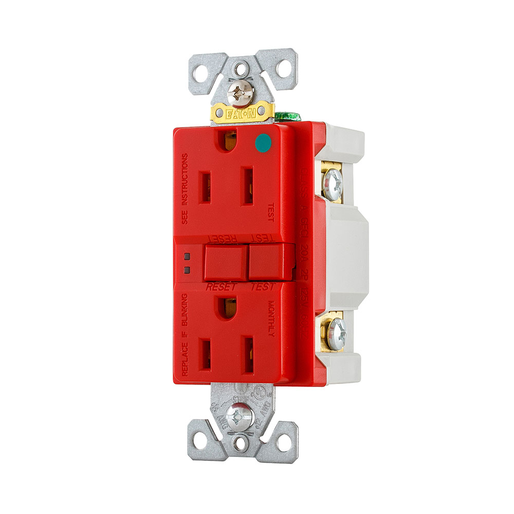 Eaton hospital grade GFCI receptacle,NAFTA compliant,Self-test,#14 - 10 AWG,15A,Residential,Commercial,Flush,125 V,GFCI,Back and side wire,Red,Brass,Receptacle,Nylon,5-15R,Two-pole, three-wire, grounding