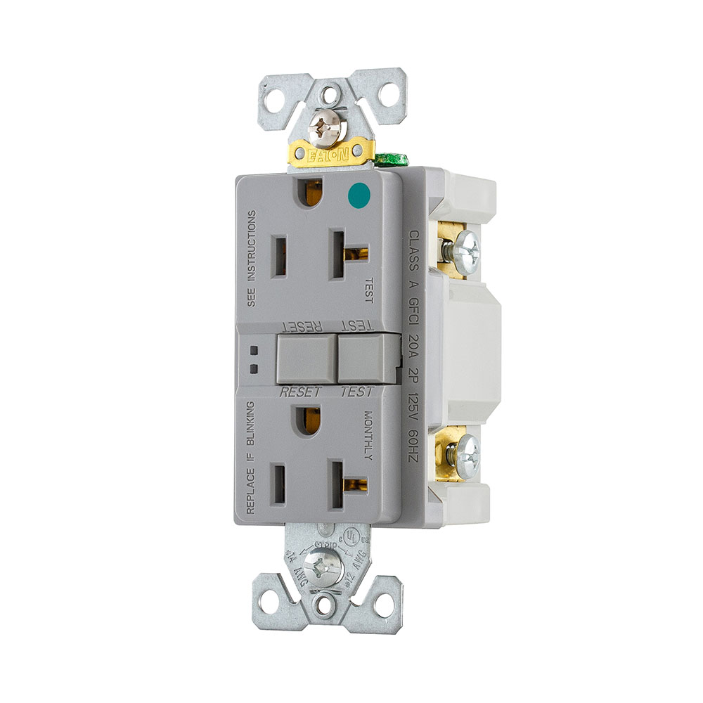 Eaton hospital grade GFCI receptacle,NAFTA compliant,Self-test,#14 - 10 AWG,20A,Residential,Commercial,Flush,125 V,GFCI,Back and side wire,Gray,Brass,Receptacle,Nylon,5-20R,Two-pole, three-wire, grounding