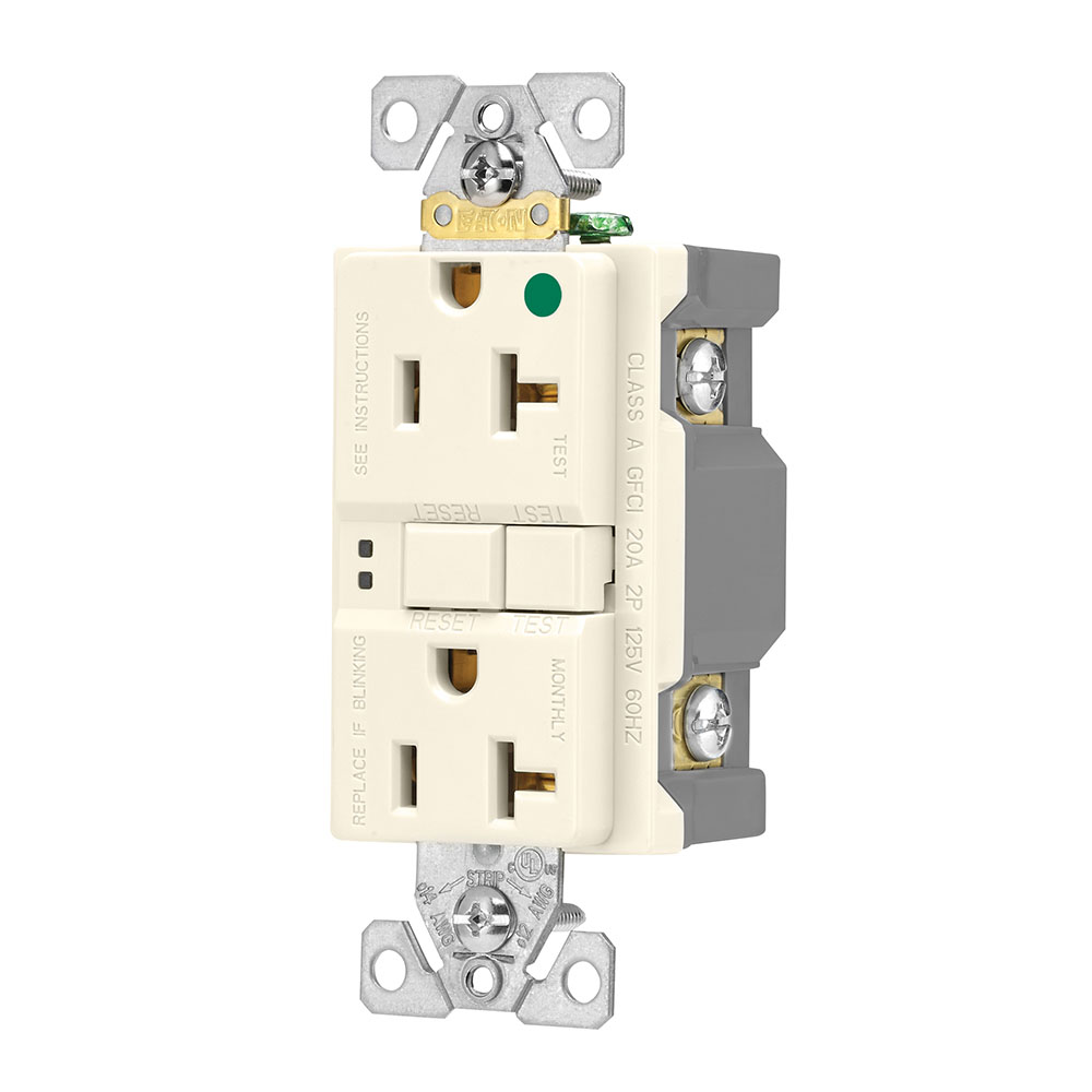 Eaton hospital grade GFCI receptacle,NAFTA compliant,Self-test,#14 - 10 AWG,20A,Residential,Commercial,Flush,125 V,GFCI,Back and side wire,Light almond,Brass,Receptacle,Nylon,5-20R,Two-pole, three-wire, grounding