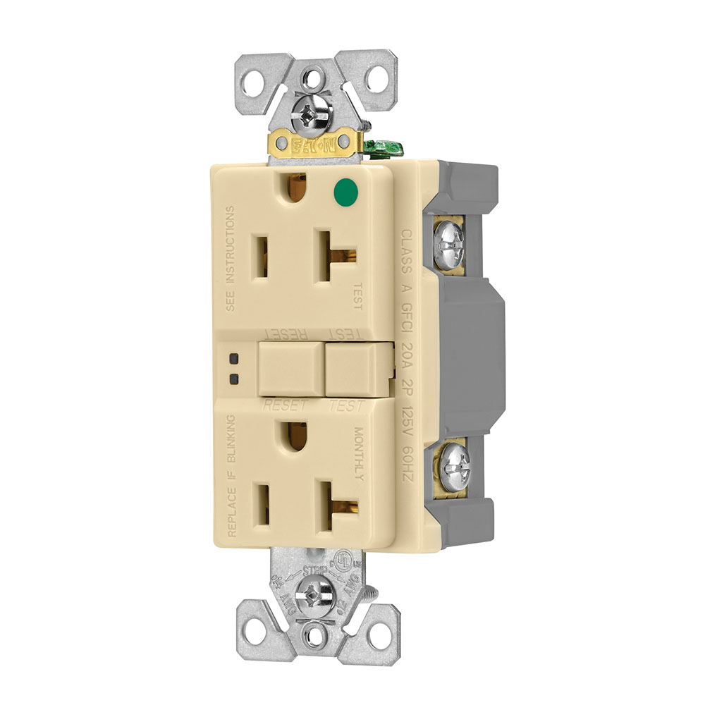 Eaton hospital grade GFCI receptacle,NAFTA compliant,Self-test,#14 - 10 AWG,20A,Residential,Commercial,Flush,125 V,GFCI,Back and side wire,Ivory,Brass,Receptacle,Nylon,5-20R,Two-pole, three-wire, grounding