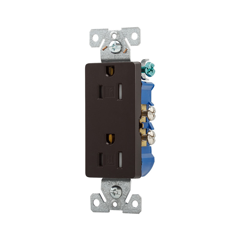 Eaton residential grade decorator duplex receptacle,#14-10 AWG,15A,Flush,125V,Side and push,Brown,Brass,Impact-resistant thermoplastic face,PVC body,5-15R,2-pole,3-wire,Duplex,Screw,Thermoplastic,Tamper resistant,auto-grounding