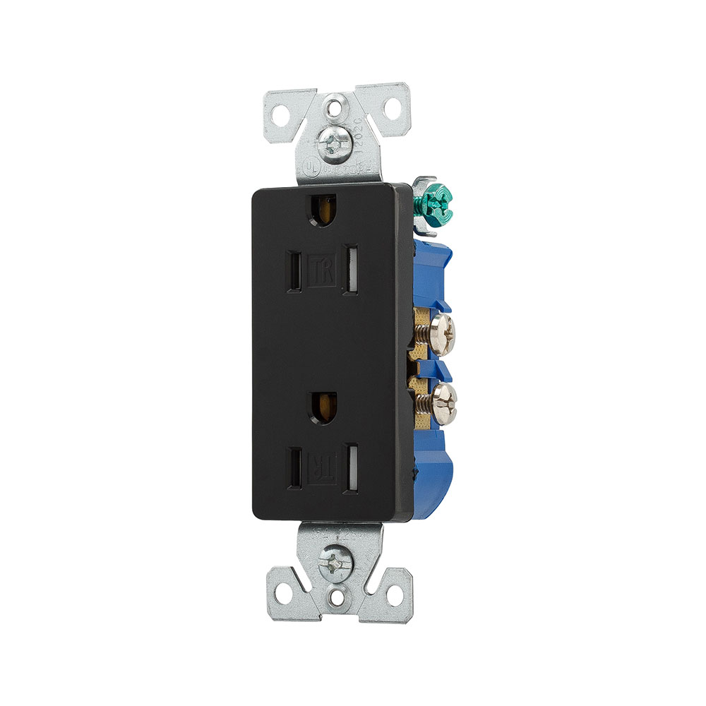 Eaton residential grade decorator duplex receptacle, #14-10 AWG, 15A, Flush, 125V, Side and push, Black, Brass, Impact-resistant thermoplastic face, PVC body, 5-15R, Two-pole, Three-wire, Duplex, Screw, Thermoplastic, Tamper resistant