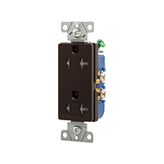 Eaton residential grade decorator duplex receptacle, #14-10 AWG, 20A, Flush, 125V, Side, Brown, Brass, Impact-resistant thermoplastic face, PVC body, 5-20R, Two-pole, Three-wire, Duplex, Screw, Thermoplastic