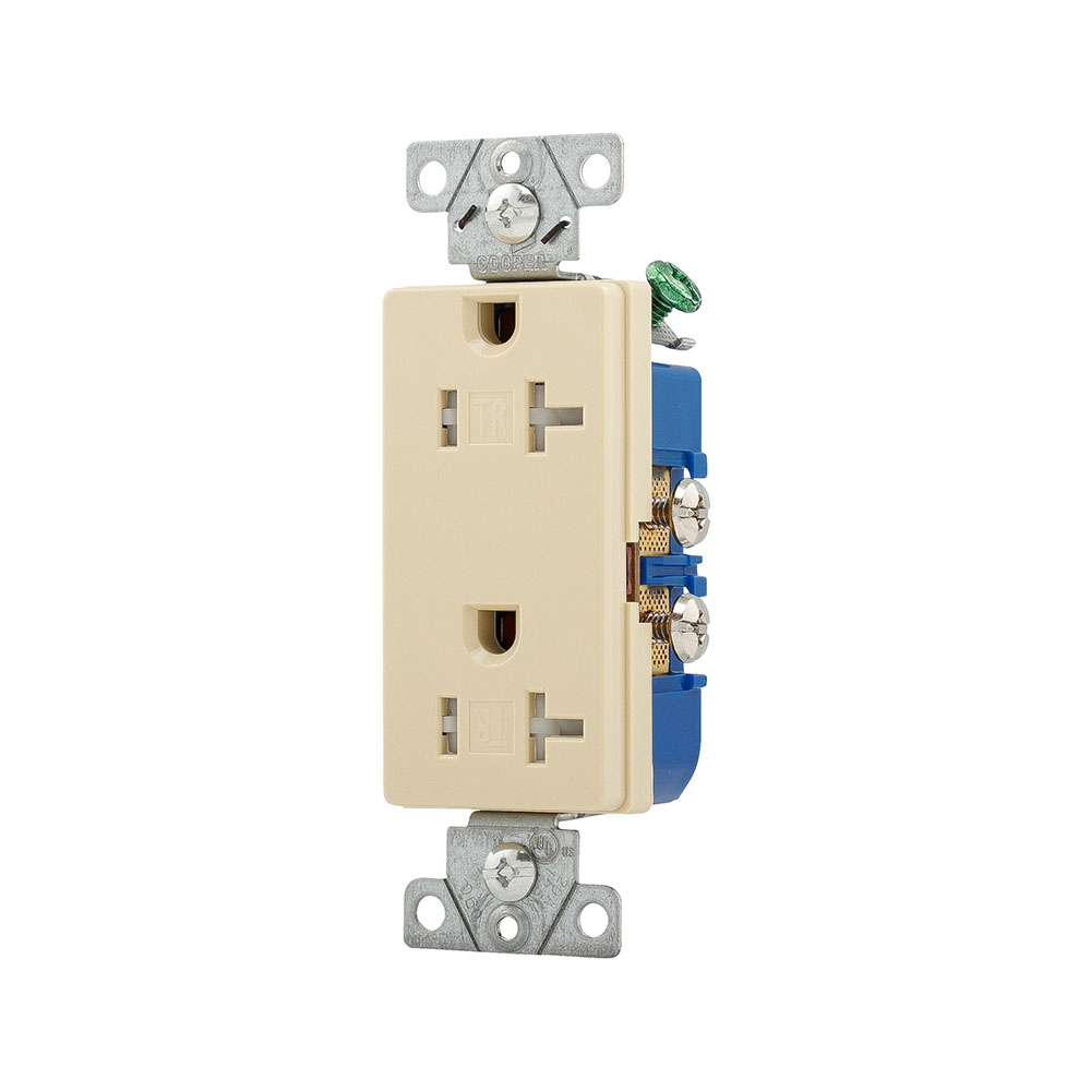 Eaton residential grade decorator duplex receptacle, #14-10 AWG, 20A, Flush, 125V, Side, Violet, Brass, Impact-resistant thermoplastic face, PVC body, 5-20R, Two-pole, Three-wire, Duplex, Screw, Thermoplastic