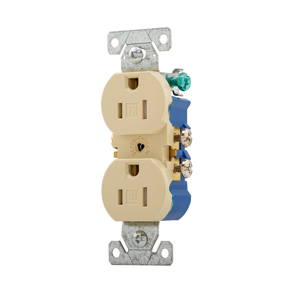 Eaton residential grade duplex receptacle, #14-10 AWG, 15A, Flush, 125V, Side and push, Ivory, Brass, Impact-resistant thermoplastic face, PVC body, 5-15R, Two-pole, Three-wire, Duplex, Screw, Thermoplastic, Tamper resistant, 10PK