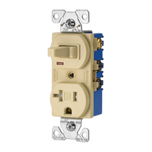 Eaton commercial grade combination switch, tamp resist, auto-grnd, Stand, #14 - #12 AWG, 10A, 20A recept, Commer, 120V switch, 125V recept, bk and sd wiring, togg, Maint closure, Screw, Brass, lt almd, 5-15R, -20-60C, dplx, thermoplas, PVC