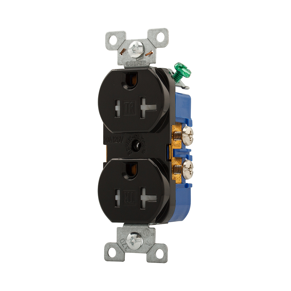 Eaton residential grade duplex receptacle, #14-10 AWG, 20A, Flush, 125V, Side, Black, Brass, Impact-resistant thermoplastic face, PVC body, 5-20R, Two-pole, Three-wire, Duplex, Screw, Thermoplastic