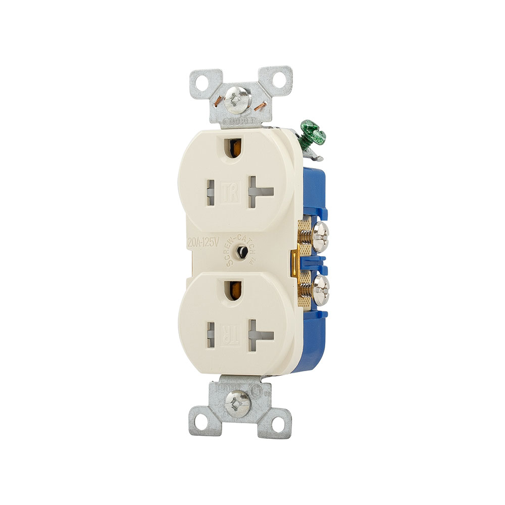 Eaton residential grade duplex receptacle, #14-10 AWG, 20A, Flush, 125V, Side, Light almond, Brass, Impact-resistant thermoplastic face, PVC body, 5-20R, Two-pole, Three-wire, Duplex, Screw, Thermoplastic