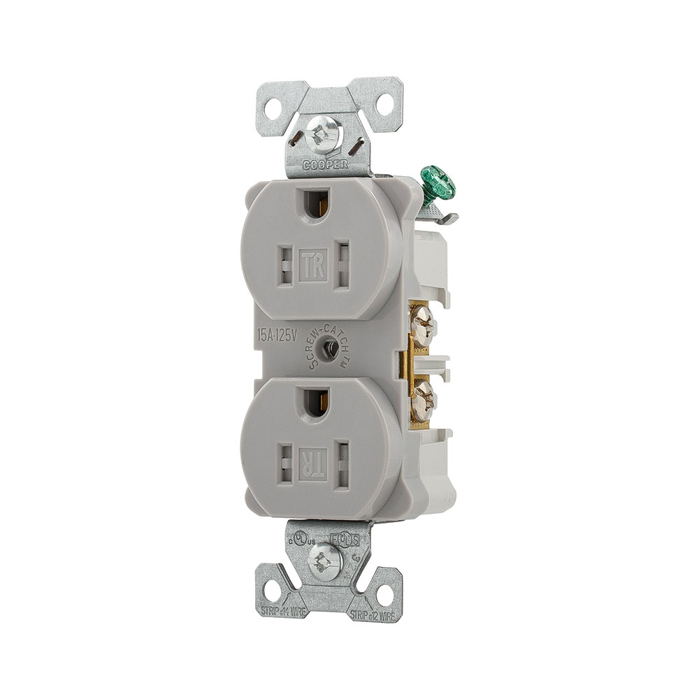 Eaton Arrow Hart extra heavy-duty industrial specification grade duplex receptacle,#14-10 AWG,15A,Industrial,Flush,125V,Back and side,Gray,Brass,High-impact nylon face,Glass-filled nylon base,5-15R,Duplex,Screw,Nylon,Core pack