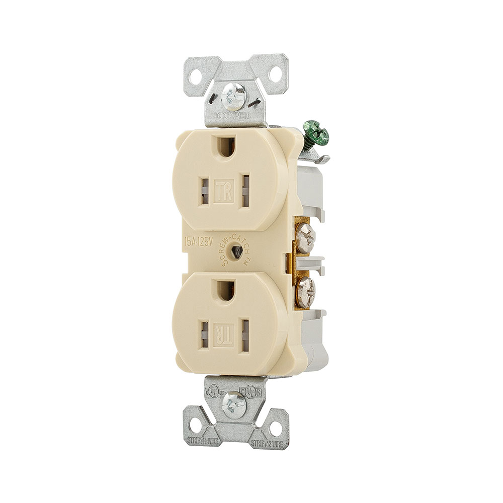 Eaton Arrow Hart heavy-duty industrial specification grade duplex receptacle,#14-10 AWG,15A,Industrial,Flush,125V,Back and side,Ivory,Brass,Impact-resistant thermoplastic face,PVC body,5-15R,Duplex,Screw,Thermoplastic,Core pack