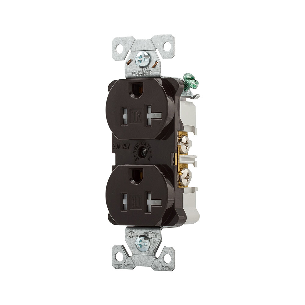 Eaton Arrow Hart heavy-duty industrial specification grade duplex receptacle,#14-10 AWG,20A,Industrial,Flush,125V,Back and side,Brown,Brass,Impact-resistant thermoplastic face,PVC body,5-20R,Duplex,Screw,Thermoplastic,Core pack