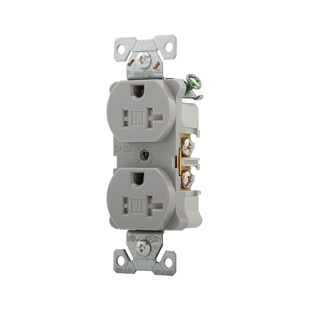 Eaton Arrow Hart extra heavy-duty industrial specification grade duplex receptacle,#14-10 AWG,20A,Industrial,Flush,125V,Back and Side,Gray,Brass,High-impact nylon face,Glass-filled nylon base,5-20R,Duplex,Screw,Nylon,Core pack