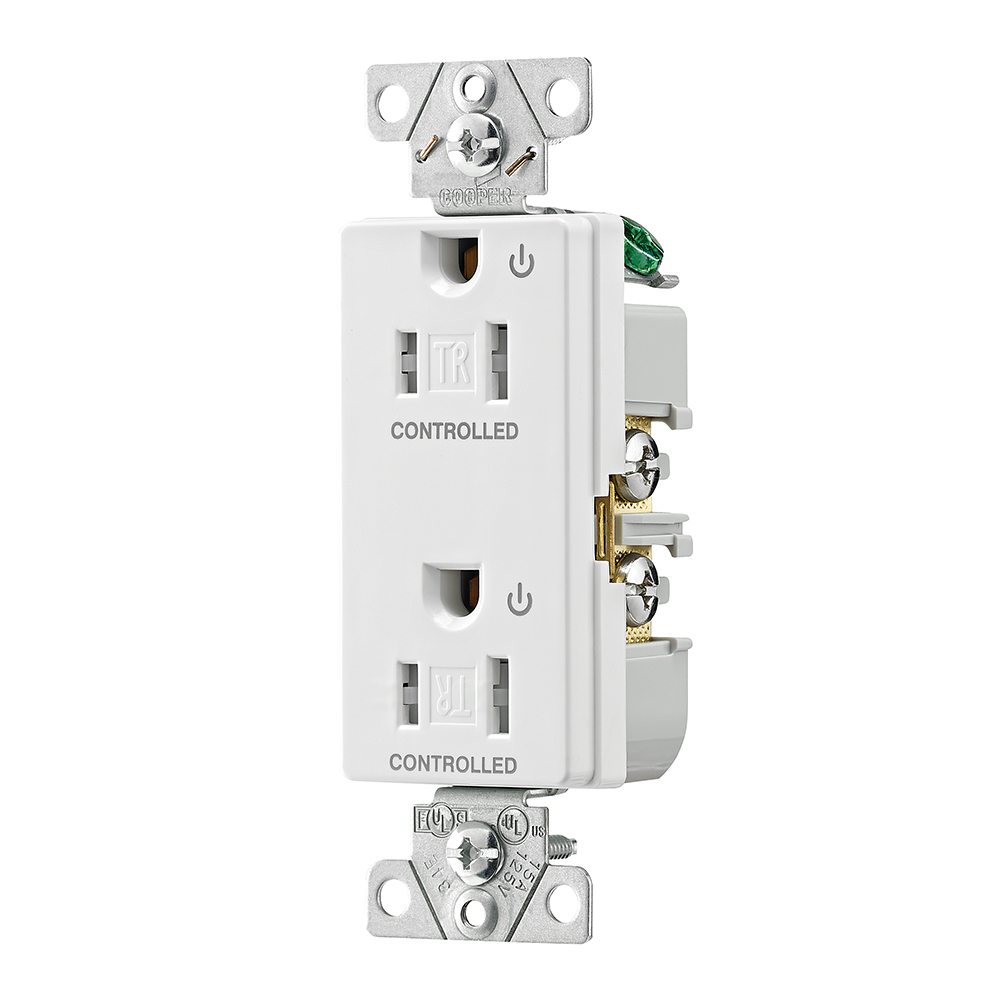 Eaton commercial specification grade decorator duplex receptacle, Tamper resistant,auto-grounding, Dual control, #14-10 AWG, 15A, Flush, 125V, Ivory, Brass, Impact-resistant thermoplastic face and back body, 5-15R, 2-pole, 3-wire, Screw,