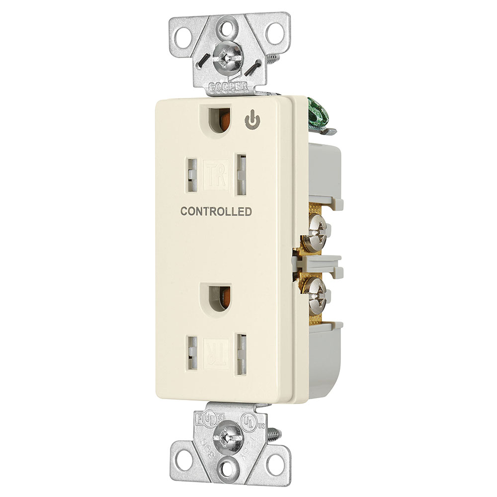 Eaton commercial specification grade decorator duplex receptacle, Tamper resistant,auto-grounding, Half control, #14-10 AWG, 15A, Flush, 125V, Light almond, Brass, Impact-resistant thermoplastic face and back body, 5-15R, 2-pole, 3-wire, ,