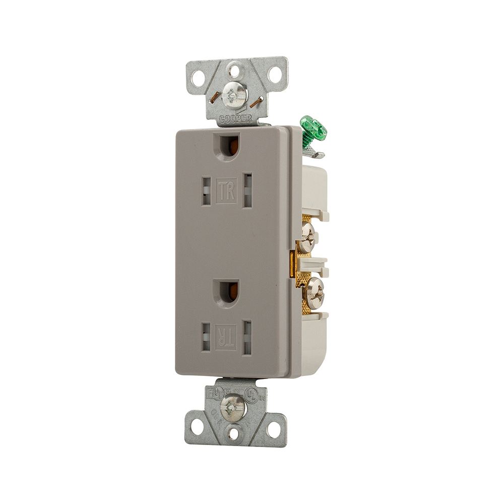 Eaton heavy-duty industrial specification grade decorator duplex receptacle, #14-10 AWG, 15A, Commercial, Flush, 125V, Back and side, Gray, Brass, Impact-resistant thermoplastic face and back body, 5-15R, Duplex, Screw, PVC, ED Box