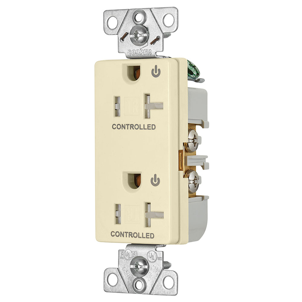 Eaton commercial specification grade decorator duplex receptacle, Tamper resistant, Dual control, #14-10 AWG, 20A, Flush, 125V, Almond, Brass, Impact-resistant thermoplastic face and back body, 5-20R, Two-pole, Three-wire, Screw,