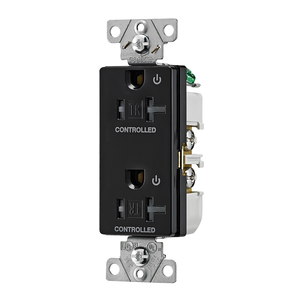 Eaton commercial specification grade decorator duplex receptacle, Tamper resistant, Dual control, #14-10 AWG, 20A, Flush, 125V, Black, Brass, Impact-resistant thermoplastic face and back body, 5-20R, Two-pole, Three-wire, Screw,