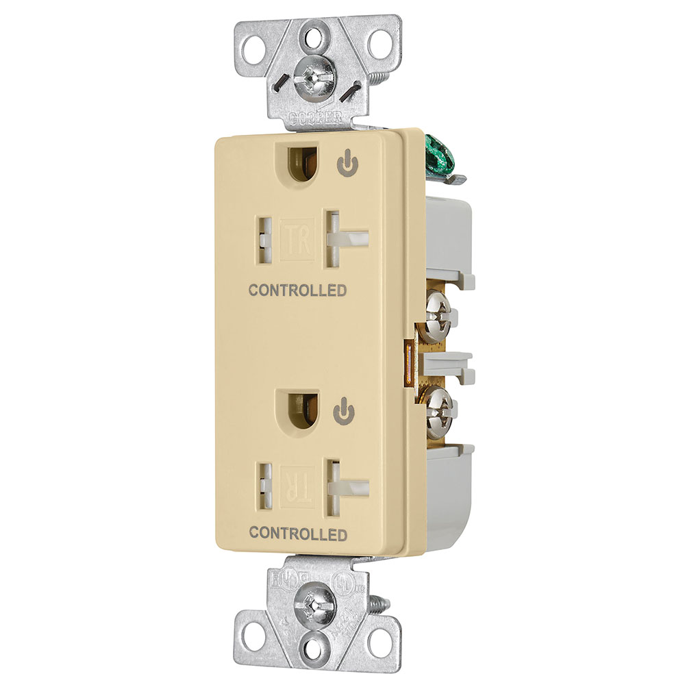 Eaton commercial specification grade decorator duplex receptacle, Tamper resistant, Dual control, #14-10 AWG, 20A, Flush, 125V, Ivory, Brass, Impact-resistant thermoplastic face and back body, 5-20R, Two-pole, Three-wire, Screw,