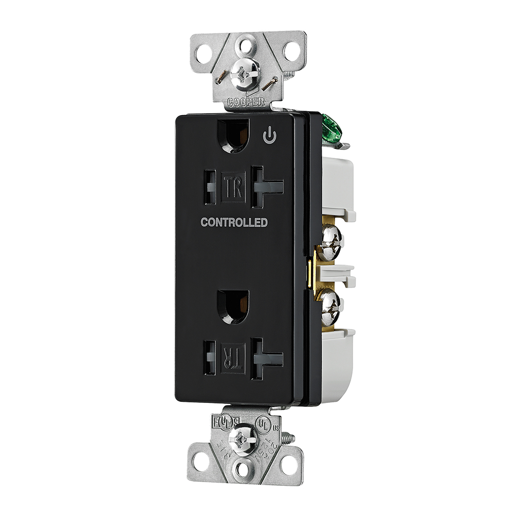 Eaton commercial specification grade decorator duplex receptacle, Tamper resistant, Half control, #14-10 AWG, 20A, Flush, 125V, Black, Brass, Impact-resistant thermoplastic face and back body, 5-20R, Two-pole, Three-wire, Screw,
