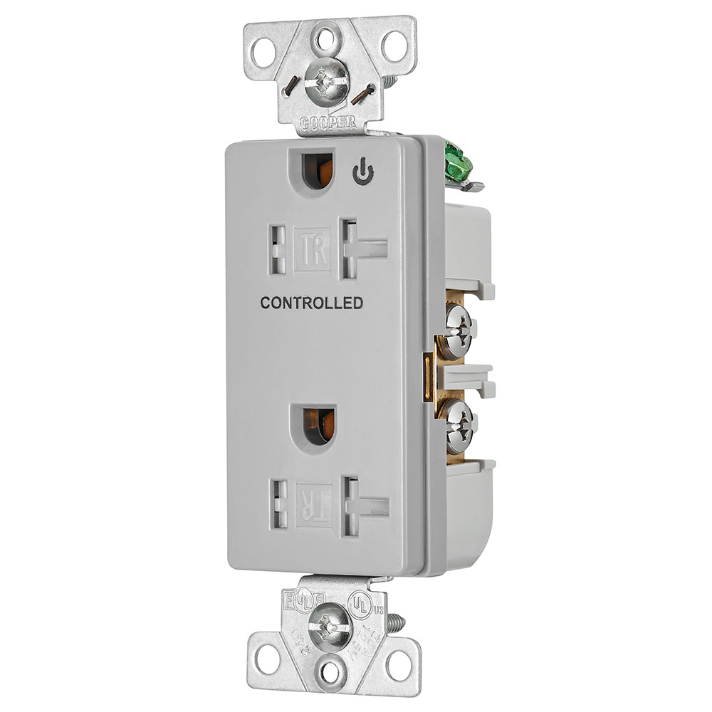 Eaton commercial specification grade decorator duplex receptacle, Tamper resistant, Half control, #14-10 AWG, 20A, Flush, 125V, Gray, Brass, Impact-resistant thermoplastic face and back body, 5-20R, Two-pole, Three-wire, Screw,