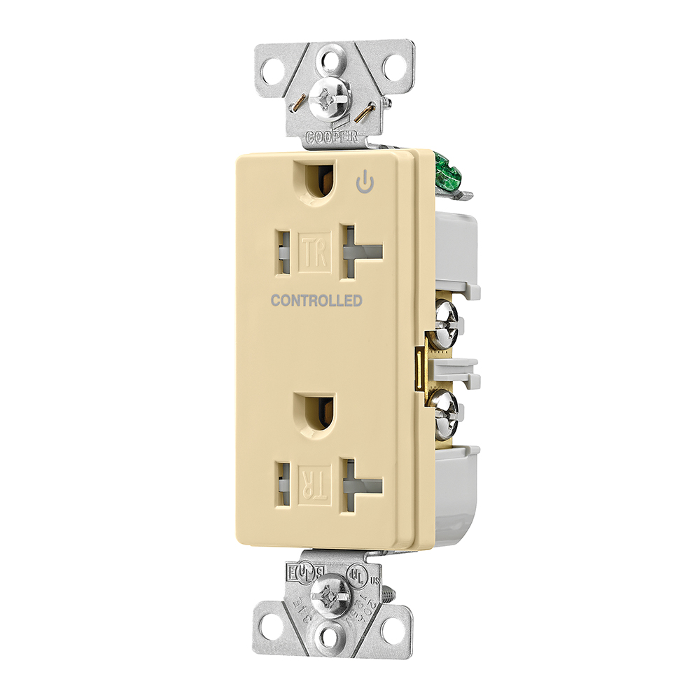 Eaton commercial specification grade decorator duplex receptacle, Tamper resistant, Half control, #14-10 AWG, 20A, Flush, 125V, Ivory, Brass, Impact-resistant thermoplastic face and back body, 5-20R, Two-pole, Three-wire, Screw,
