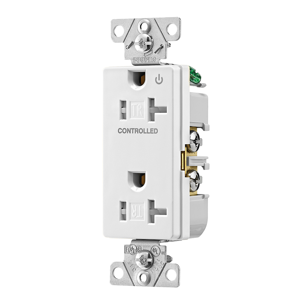 Eaton commercial specification grade decorator duplex receptacle, Tamper resistant, Half control, #14-10 AWG, 20A, Flush, 125V, White, Brass, Impact-resistant thermoplastic face and back body, 5-20R, Two-pole, Three-wire, Screw,