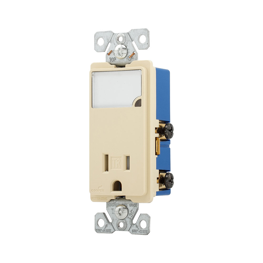 Eaton combination nightlight with receptacle, Tamper resistant, #14-12 AWG, 15A, Flush mount, 120/277V, Back and side wiring, Ivory, Brass, 5-15R, Two-pole, three-wire, grounding, Decorator, Thermoplastic