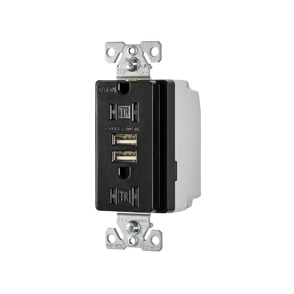 Eaton combination USB charger with duplex receptacle, Tamper resistant, 15A at 125 Vac, 3.A at 5 Vdc, Flush mount, 125 Vac, 5 Vdc, Wire leads, Black, Brass, 5-15R, Two-pole, three-wire, grounding, Decorator, Thermoplastic