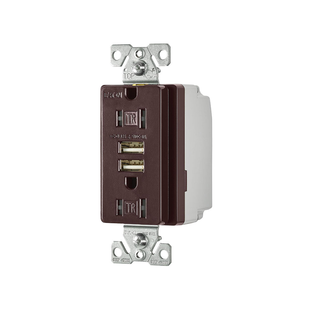 Eaton combination USB charger with duplex receptacle, Tamper resistant, 15A at 125 Vac, 3.A at 5 Vdc, Flush mount, 125 Vac, 5 Vdc, Wire leads, Brown, Brass, 5-15R, Two-pole, three-wire, grounding, Decorator, Thermoplastic