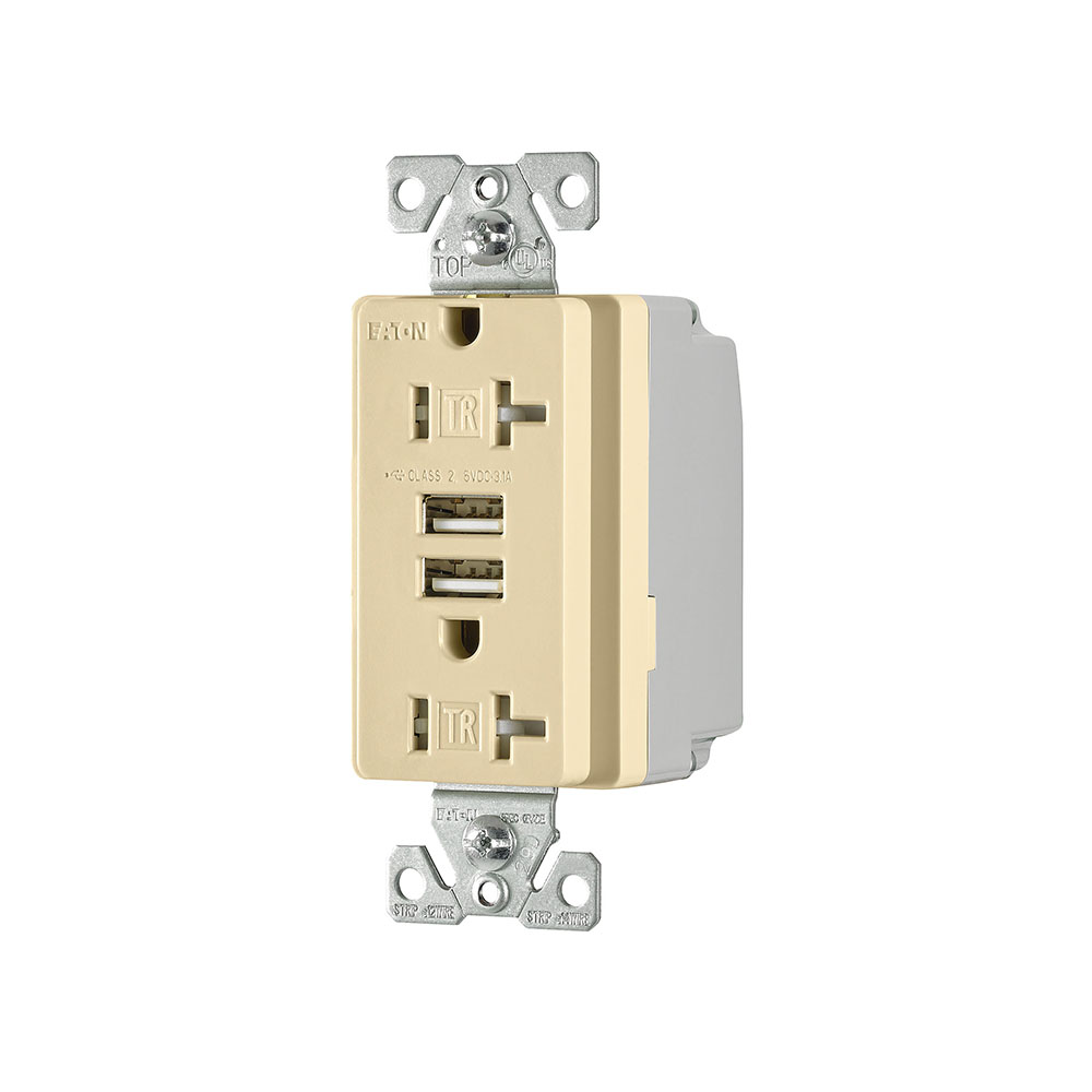 Eaton combination USB charger with duplex receptacle, Tamper resistant, 20A at 125 Vac, 3.A at 5 Vdc, Flush mount, 125 Vac, 5 Vdc, Wire leads, Ivory, Brass, 5-20R, Two-pole, three-wire, grounding, Decorator, Thermoplastic