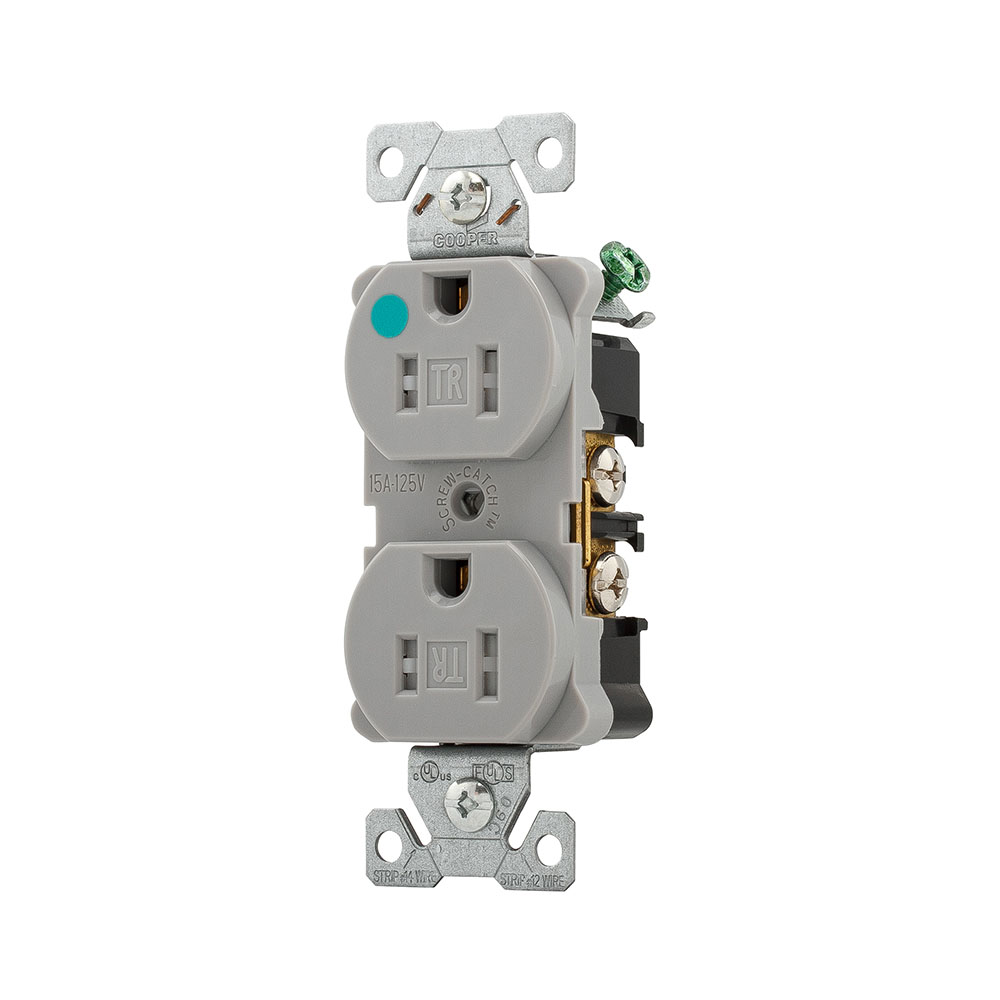 Eaton Arrow Hart extra heavy-duty hospital grade decorator duplex receptacle, #14-10 AWG, 15A, Healthcare, Flush, 125V, Back and side, Gray, Brass, Impact-resistant nylon face, PVC body, 5-15R, Duplex, Screw, Glass-filled nylon, Core pack