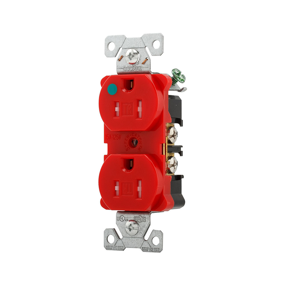 Eaton Arrow Hart extra heavy-duty hospital grade decorator duplex receptacle, #14-10 AWG, 15A, Healthcare, Flush, 125V, Back and side, Red, Brass, Impact-resistant nylon face, PVC body, 5-15R, Duplex, Screw, Glass-filled nylon, Core pack