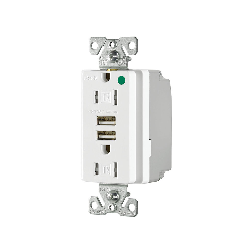Eaton combination USB charger with duplex receptacle, Tamper resistant, 15A, Flush mount, 125 Vac, 5 Vdc, Wire leads, White, Brass, 5-15R, Two-pole, three-wire, grounding, Decorator, Thermoplastic