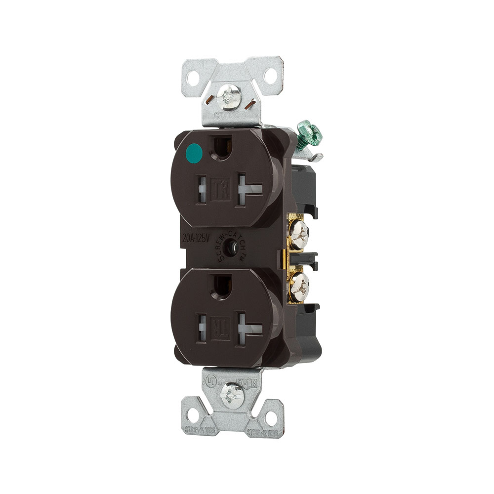 Eaton Arrow Hart extra heavy-duty hospital grade duplex receptacle, #14-10 AWG, 20A, Healthcare, Flush, 125V, Back and side, Black, Brass, High-impact nylon face, PVC base, 5-20R, Duplex, Screw, Glass-filled nylon, Core pack