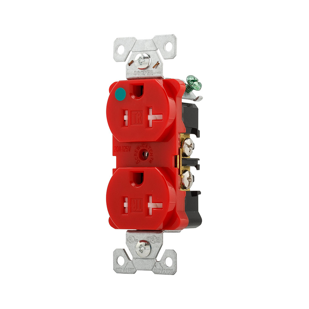 Eaton Arrow Hart extra heavy-duty hospital grade duplex receptacle, #14-10 AWG, 20A, Healthcare, Flush, 125V, Back and side, Red, Brass, High-impact nylon face, PVC base, 5-20R, Duplex, Screw, Glass-filled nylon, Core pack