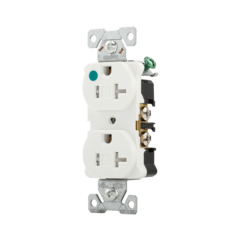 Eaton Arrow Hart extra heavy-duty hospital grade duplex receptacle, #14-10 AWG, 20A, Healthcare, Flush, 125V, Back and side, White, Brass, High-impact nylon face, PVC base, 5-20R, Duplex, Screw, Glass-filled nylon, Core pack