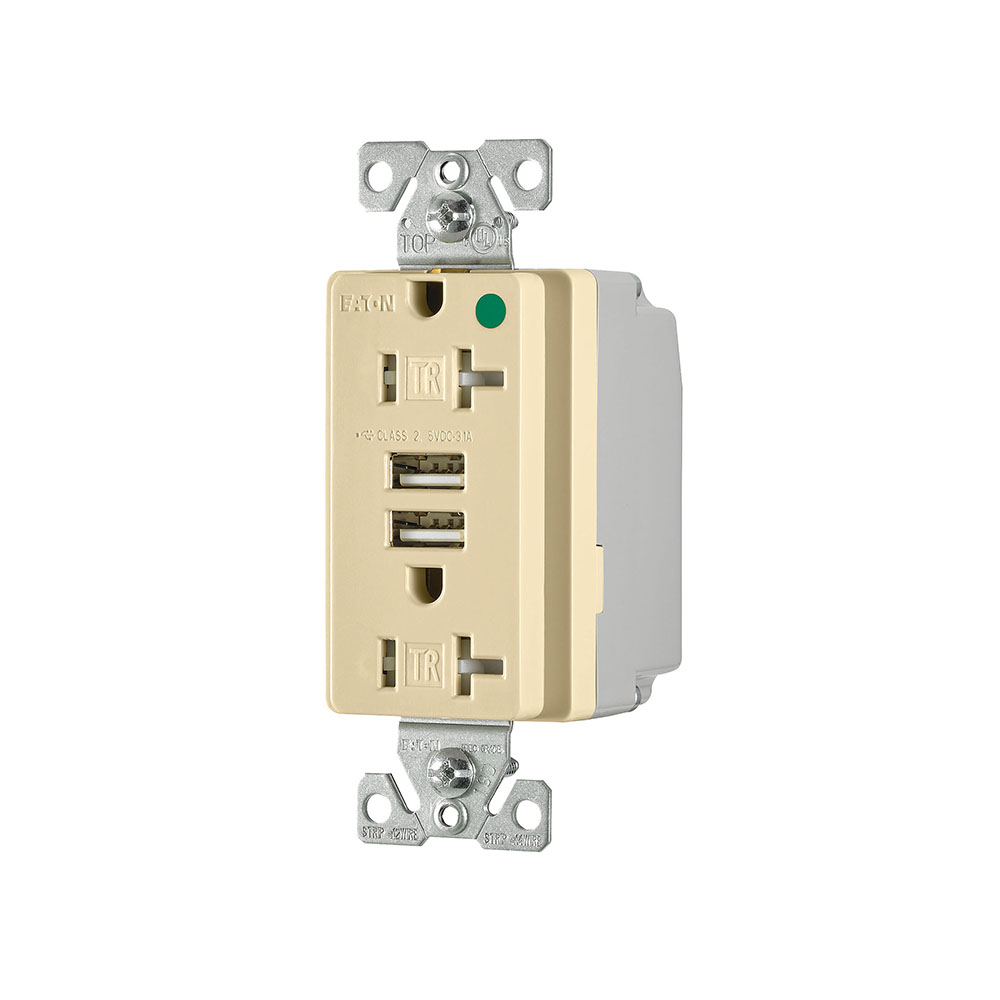 Eaton combination USB charger with duplex receptacle, Tamper resistant, 20A, Flush mount, 125 Vac, 5 Vdc, Wire leads, Ivory, Brass, 5-20R, Two-pole, three-wire, grounding, Decorator, Thermoplastic